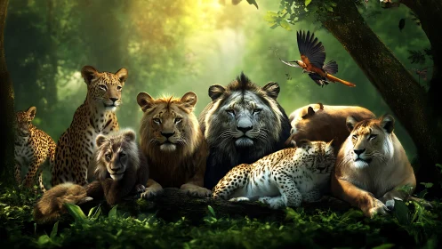 Big Cats Assembled in Verdant Forest with Golden Sunlight