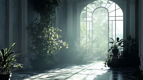 Indoor conservatory corridor with plants and tall windows.