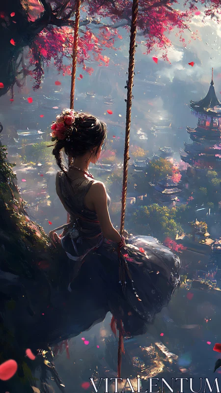 Girl on cliffside swing above misty fantasy pagoda town.