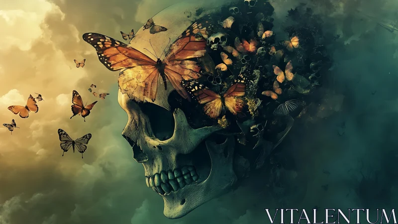 Human skull with clustered butterflies integrated into cranium