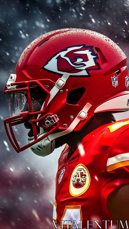 American football player in red helmet under snowstorm.
