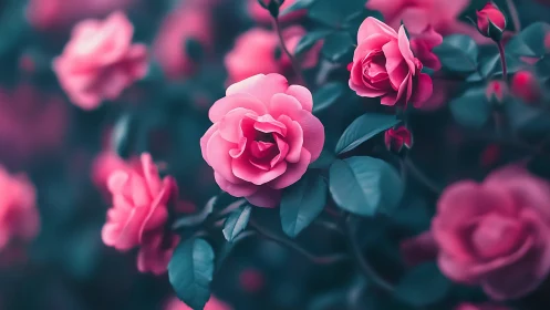 Pink roses bloom with muted teal foliage depth.