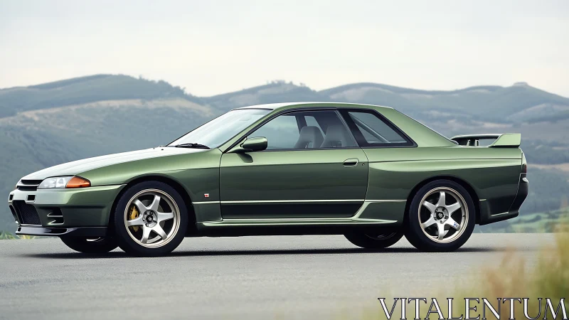 Side profile of green two-door coupe on open roadway.