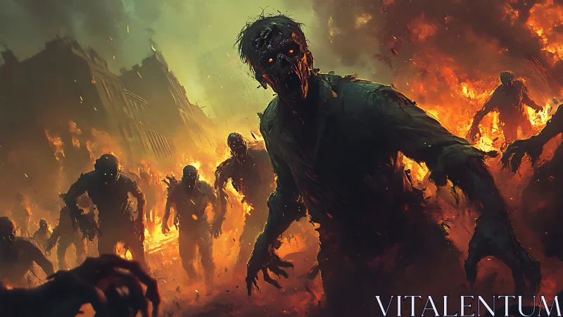 Flame-drenched zombie horde storms a collapsing cityscape.