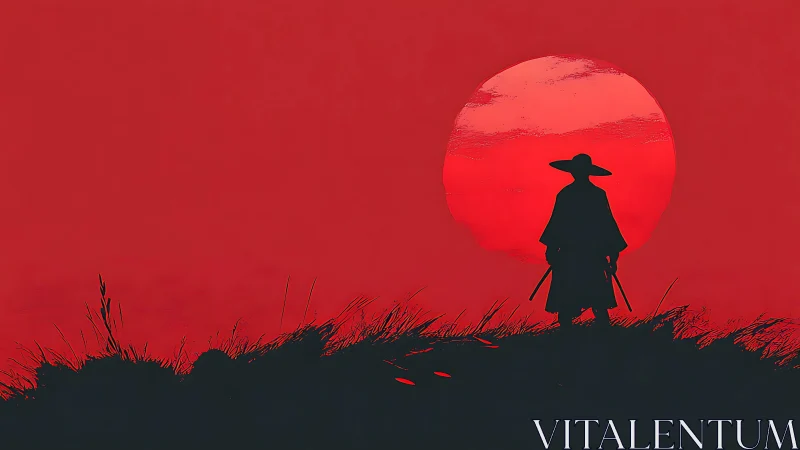 Lone wanderer pauses beneath a blazing red sunset sky.