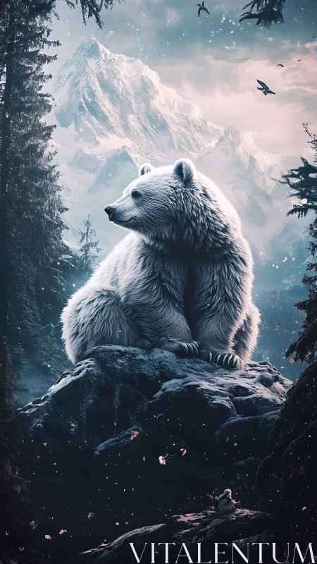 White bear resting on snowy rock below twilight peaks.