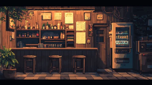 Cozy pixel bar counter glowing with gentle evening light.