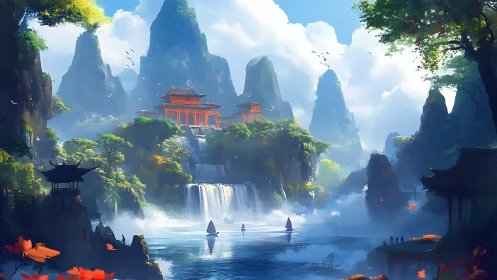 Mythic river sanctuary framed by karst peaks and tiered temples