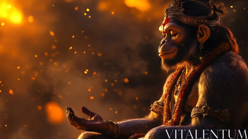 Emberlit monkey sage in jeweled calm beneath falling sparks.