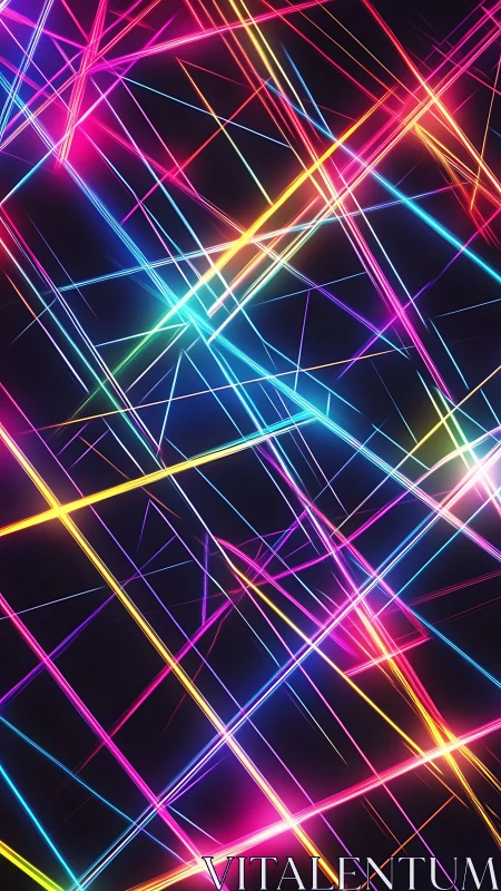 Neon diagonal light streaks on dark abstract background.