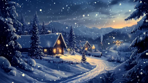 Snow-dusted cabins trade starlight whispers with winter hills