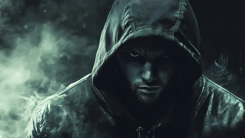 Brooding hooded figure glares through swirling toxic fog