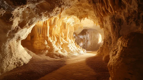 Speleothem corridor under warm diffused karst skylight glow.