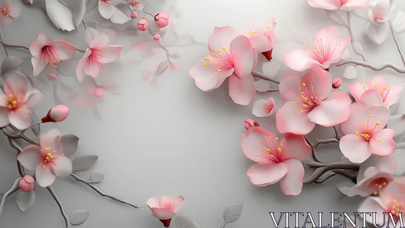 3D rendered pink cherry blossoms with yellow stamens arranged on gray branches