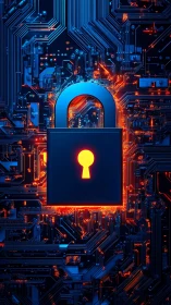 Cyber lock core glowing over encrypted circuit board grid.