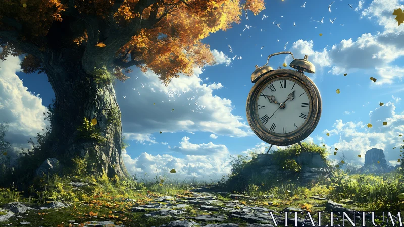 Autumn clock drifts through a windswept daylight dreamscape.