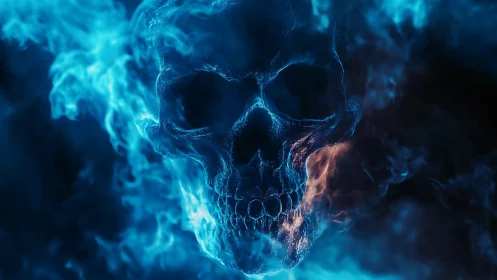 Flaming blue skull emerges from swirling ethereal smoke.