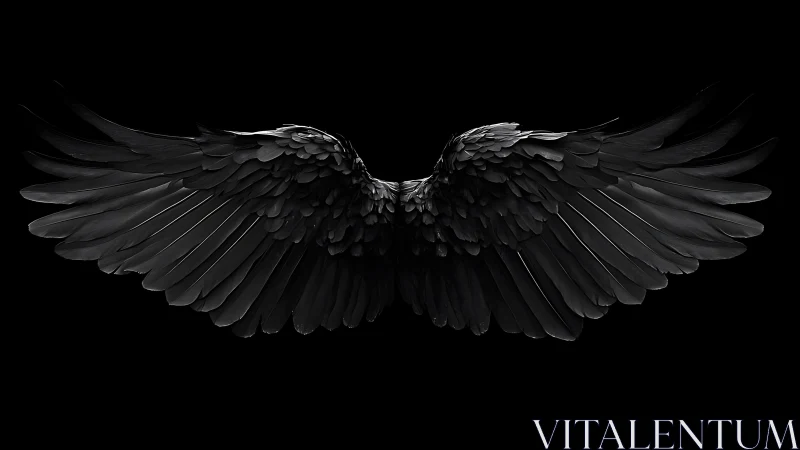 Dark feathered wings unfurl in a dramatic, ethereal void