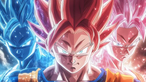 Triadic anime warriors rendered with chromatic energy halos.