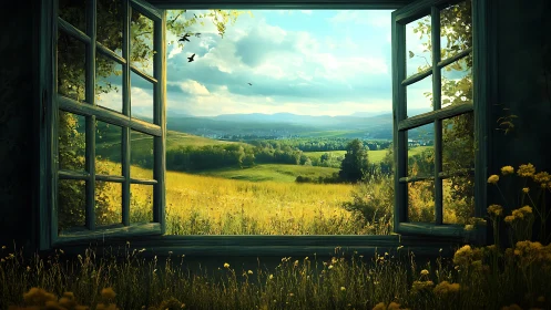 Sunlit country meadow framed by a cozy open window.