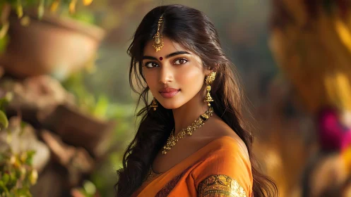 Portrait of elegant woman in saffron saree and gold jewelry.