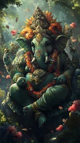 Divine elephant deity in lush forest with ornate golden regalia.