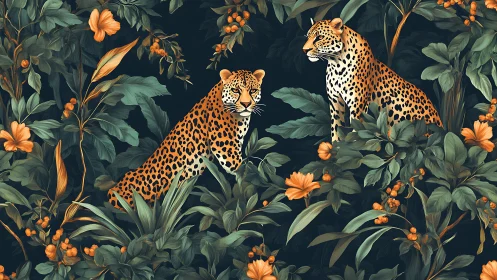 Leopards Among Blooming Wildflowers and Verdant Foliage.