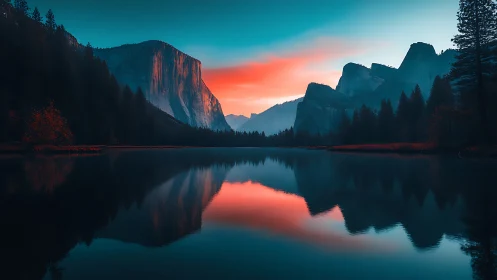 Mountain valley lake at dusk with reflected sky colors.