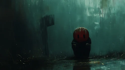 Quiet red-headed figure resting in a rainy, moody alleyway.