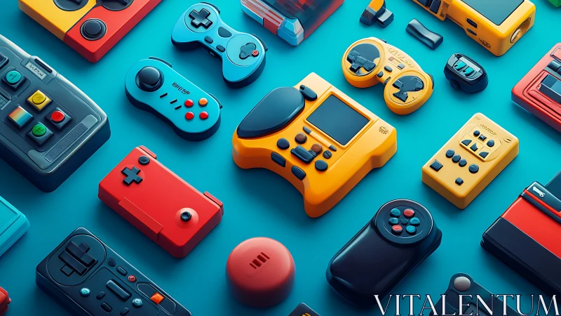 Colorful retro game controllers form a bold playful grid