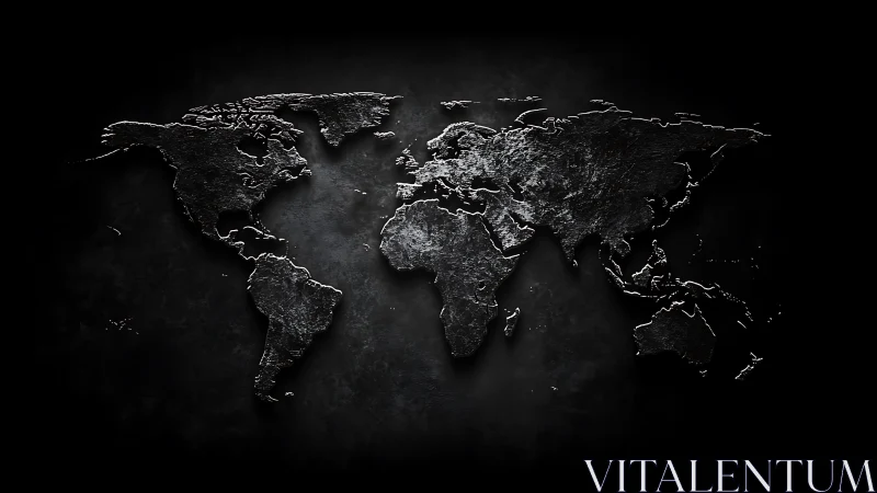 Textured monochrome world map on dark background.