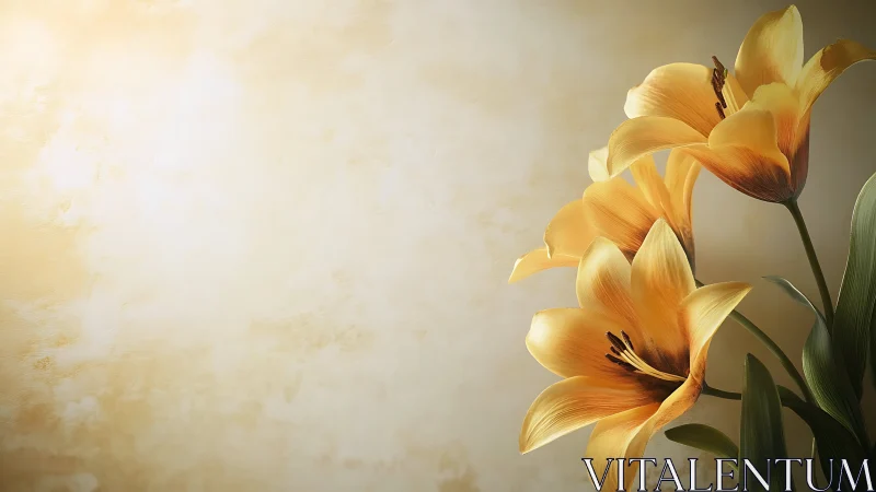 Golden lilies bloom with warm luminescence against soft beige backdrop.