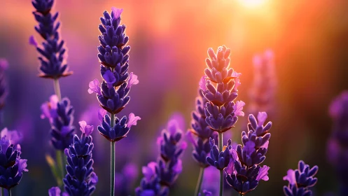 Lavender flower spikes stand in sharp focus at warm sunset light