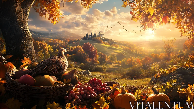 Harvest hills glow while a patient pheasant guards autumn’s feast