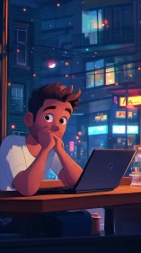 Man sits at café table with laptop in illuminated urban night