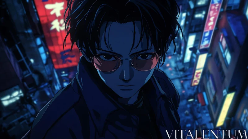 Anime figure over neon city street at night in blue tones.
