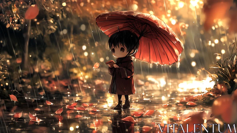 Child under red umbrella in glowing autumn rainfall.