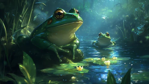 Twilight lily-pond guardians, two frogs in emerald hush.