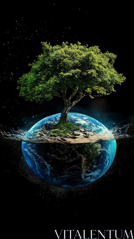 Lone tree rises from split Earth sphere in deep space