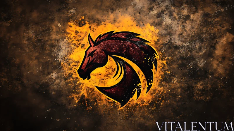 Fiery stylized horse emblem bursts from textured darkness