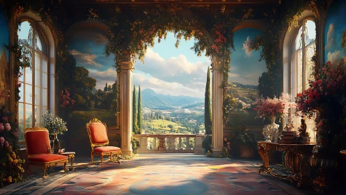 Baroque loggia interior with Tuscan landscape view at sunrise