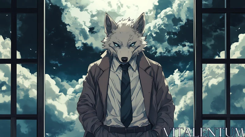 Anthropomorphic wolf in suit before cloudy sky backdrop.