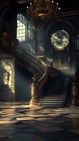 Gilded clock hall where spiral stairs cradle lost time.