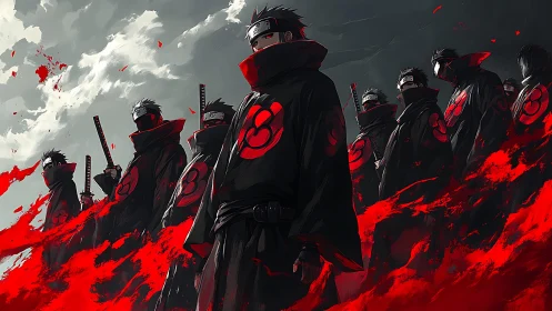Ninja group in black cloaks with red emblems in formation.