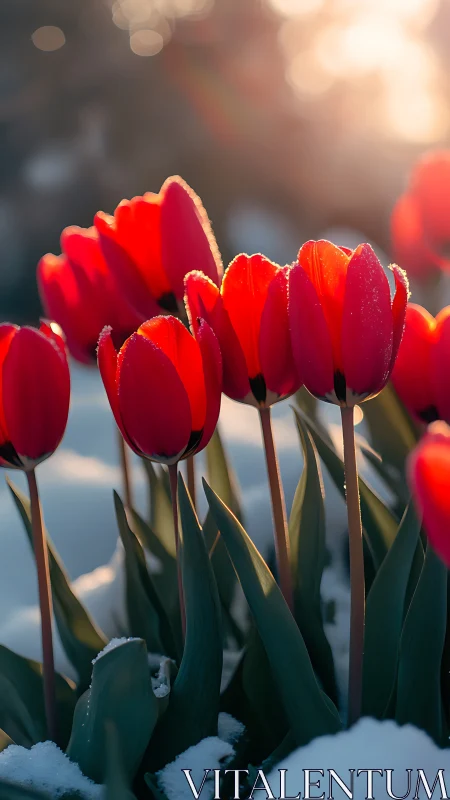 Red Tulips Backlit by Golden Sunrise Through Frost.
