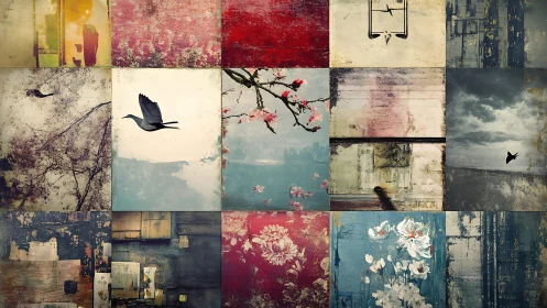 Grid arranges weathered panels with birds, florals and skies