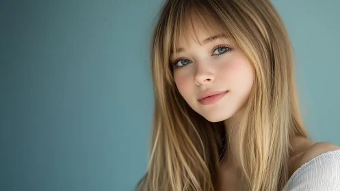 Soft blue backdrop with gentle, bright-eyed portrait focus.