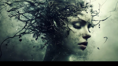 Dreaming forest spirit wrapped in drifting roots and mist.