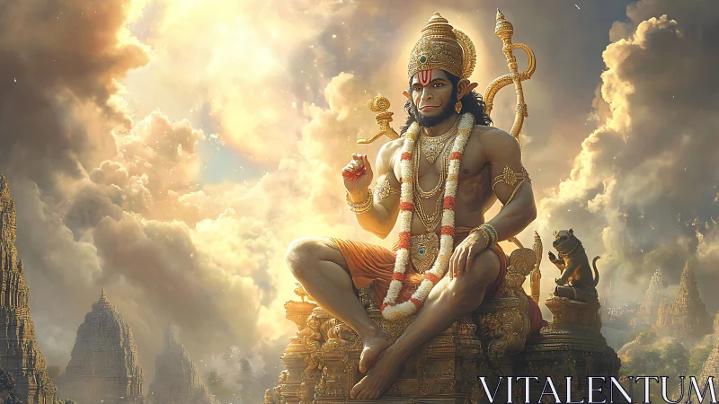 Divine simian deity seated on ornate throne under volumetric clouds