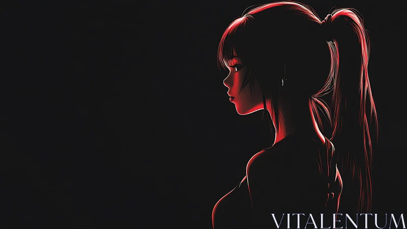 Side profile of anime girl in red rim light on black background.